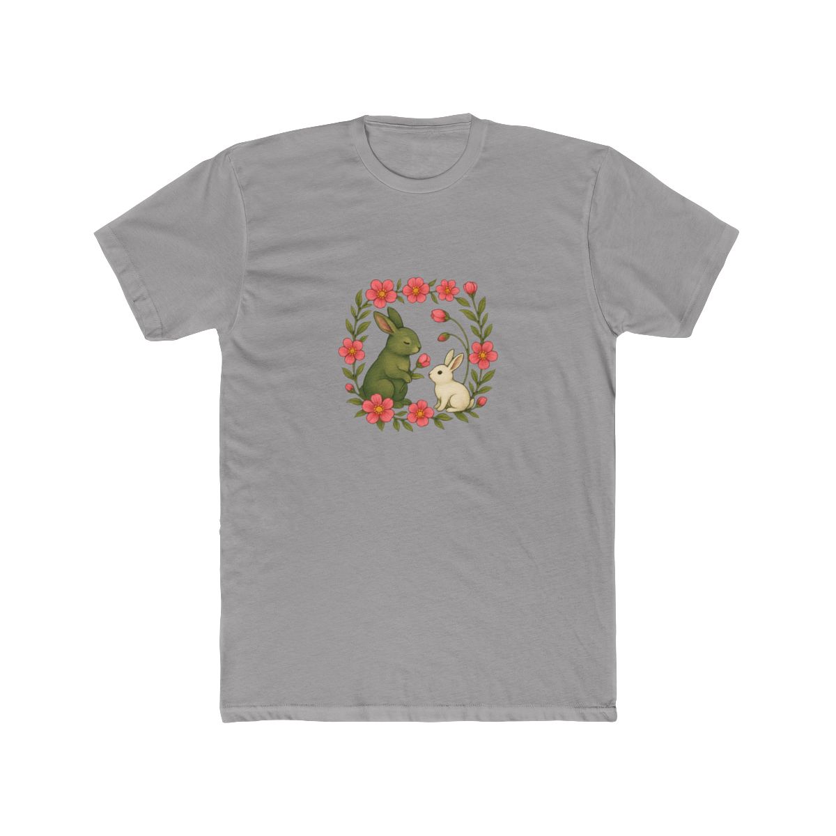 Whimsical Green White Rabbits Pink Floral T Shirt