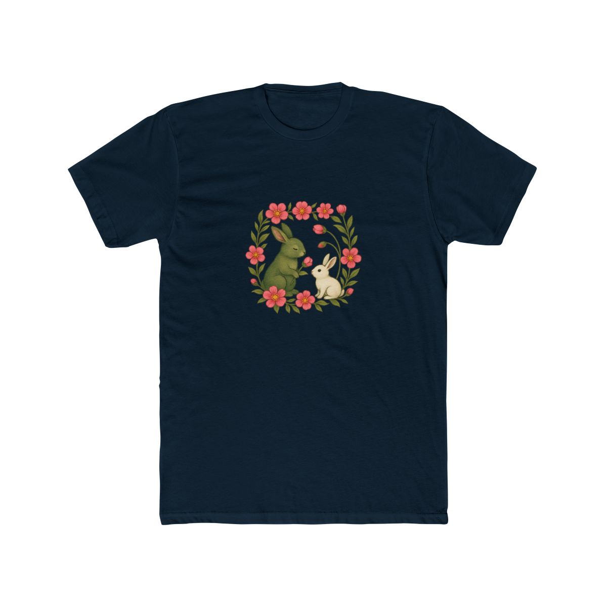 Whimsical Green White Rabbits Pink Floral T Shirt