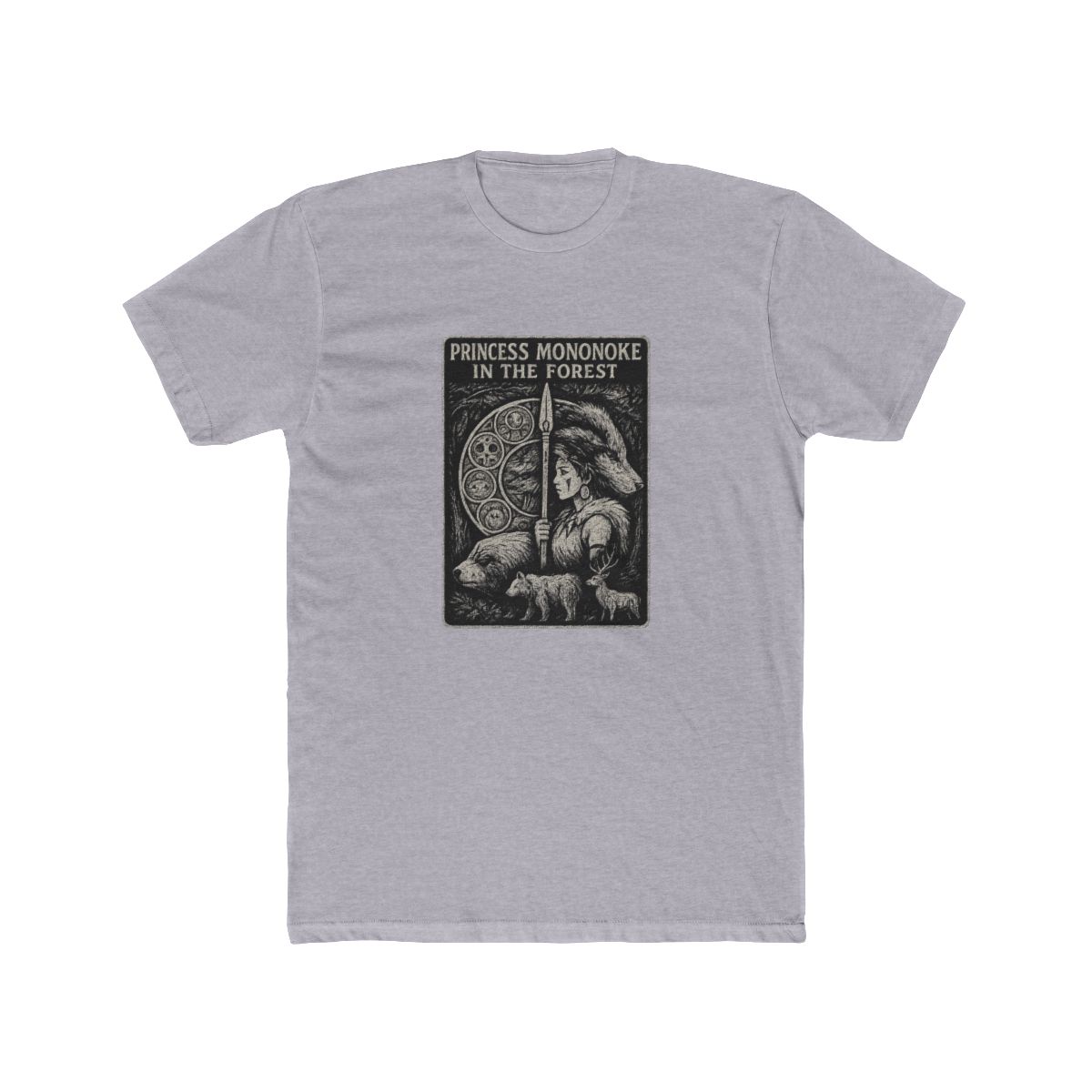 Dark grey T Shirt with a graphic design. The design features the text "PRINCESS MONONOKE IN THE FOREST" and illustrations of a woman, wolf, bear, and deer within a circular element. The shirt has... - alternate angle 5, merchandise