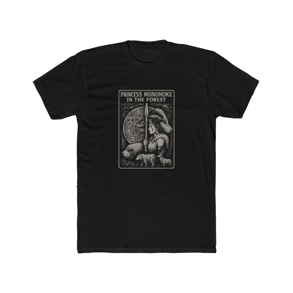 Dark grey T Shirt with a graphic design. The design features the text "PRINCESS MONONOKE IN THE FOREST" and illustrations of a woman, wolf, bear, and deer within a circular element. The shirt has...