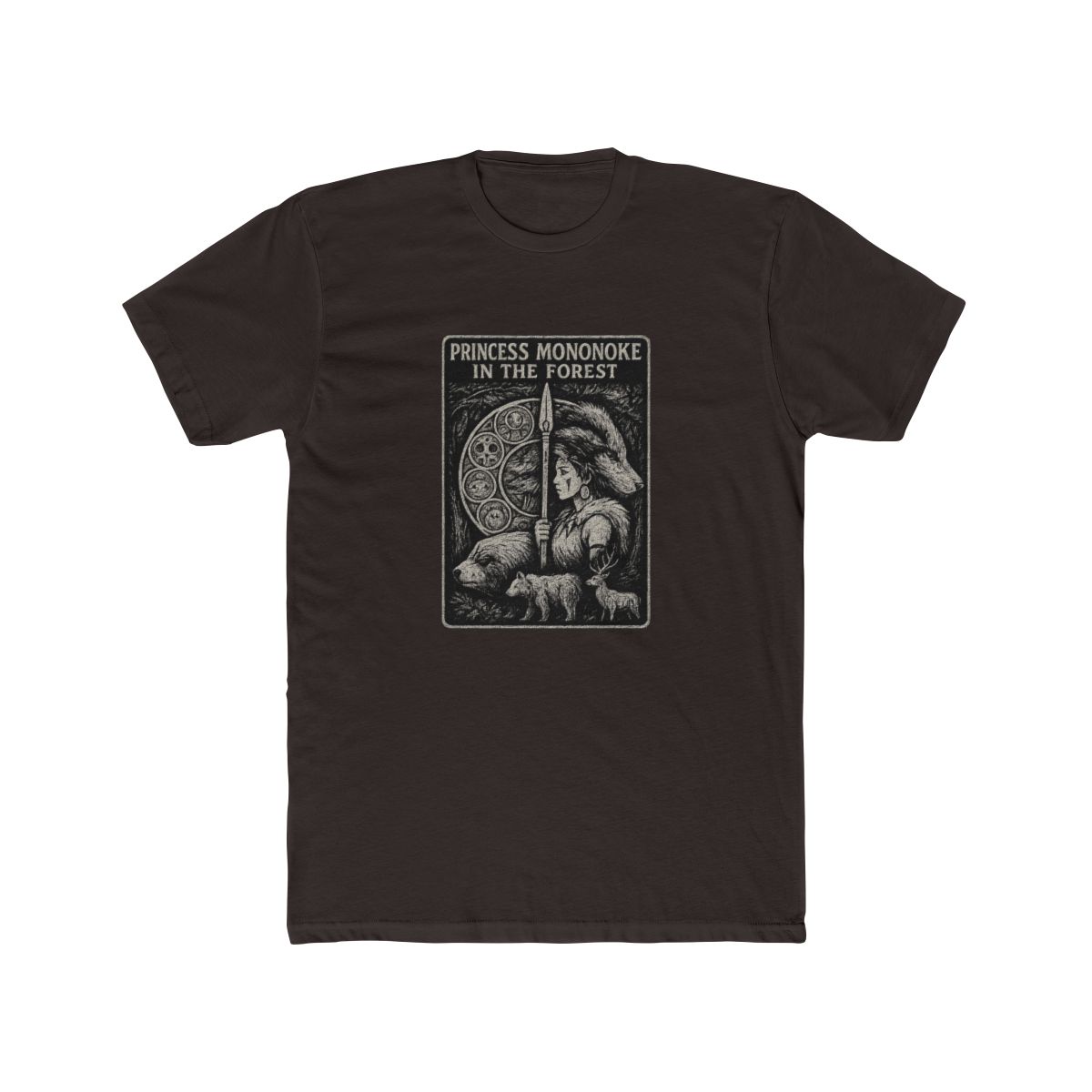 Dark grey T Shirt with a graphic design. The design features the text "PRINCESS MONONOKE IN THE FOREST" and illustrations of a woman, wolf, bear, and deer within a circular element. The shirt has... - alternate angle 2, merchandise