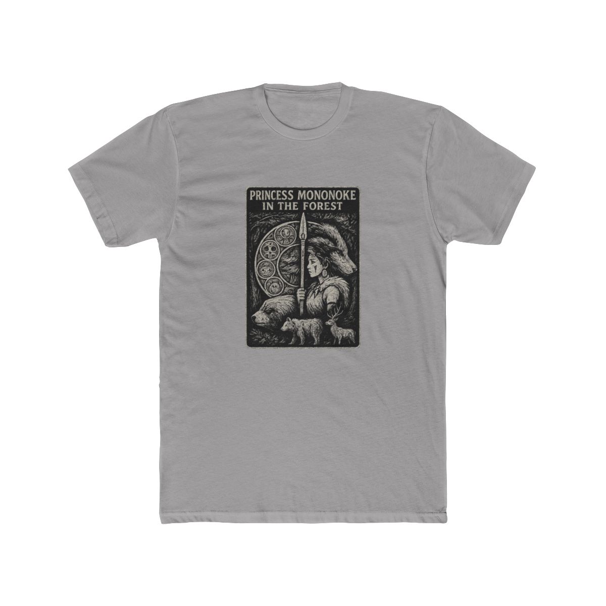 Dark grey T Shirt with a graphic design. The design features the text "PRINCESS MONONOKE IN THE FOREST" and illustrations of a woman, wolf, bear, and deer within a circular element. The shirt has... - alternate angle 4, merchandise