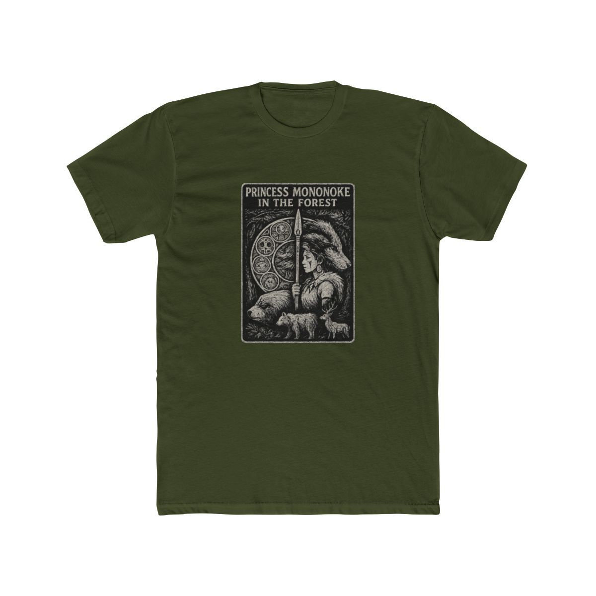 Dark grey T Shirt with a graphic design. The design features the text "PRINCESS MONONOKE IN THE FOREST" and illustrations of a woman, wolf, bear, and deer within a circular element. The shirt has... - alternate angle 5, merchandise