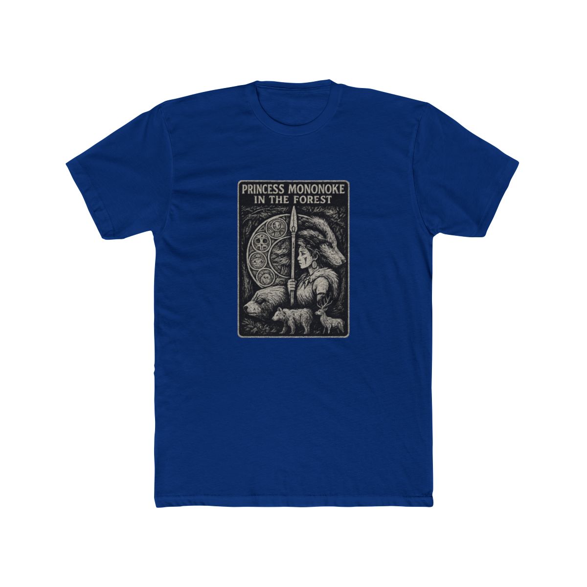 Dark grey T Shirt with a graphic design. The design features the text "PRINCESS MONONOKE IN THE FOREST" and illustrations of a woman, wolf, bear, and deer within a circular element. The shirt has... - Official T-Shirts merchandise