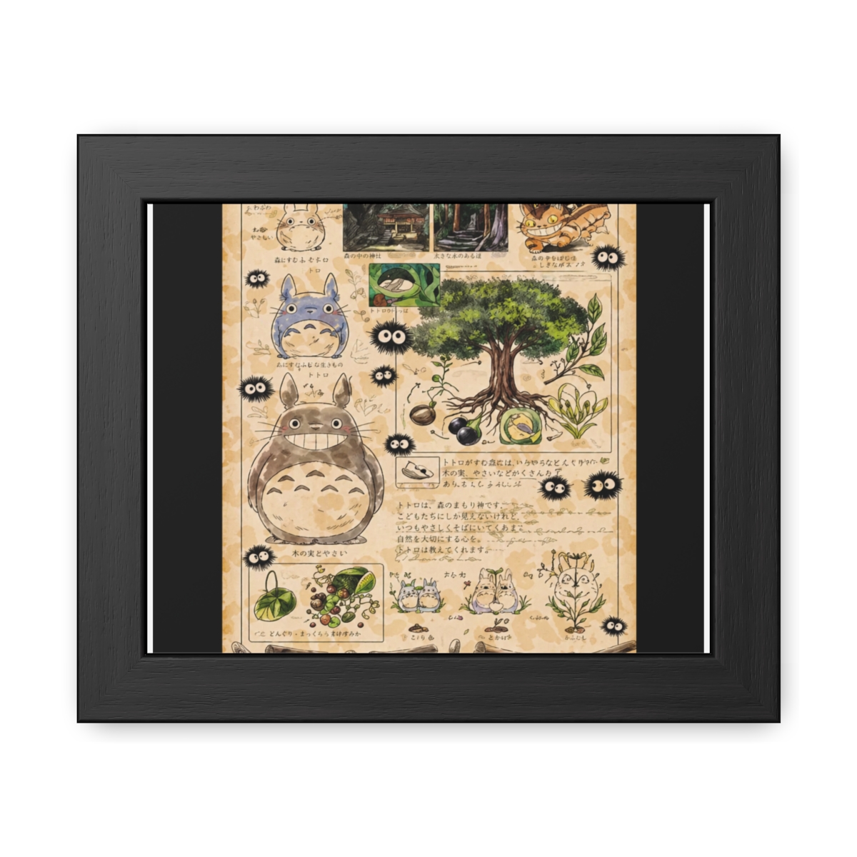 A framed poster with illustrations from "My Neighbour Totoro." The poster has a vintage style, with a beige background and detailed drawings of the forest and its characters. The text "The Kurosawa...