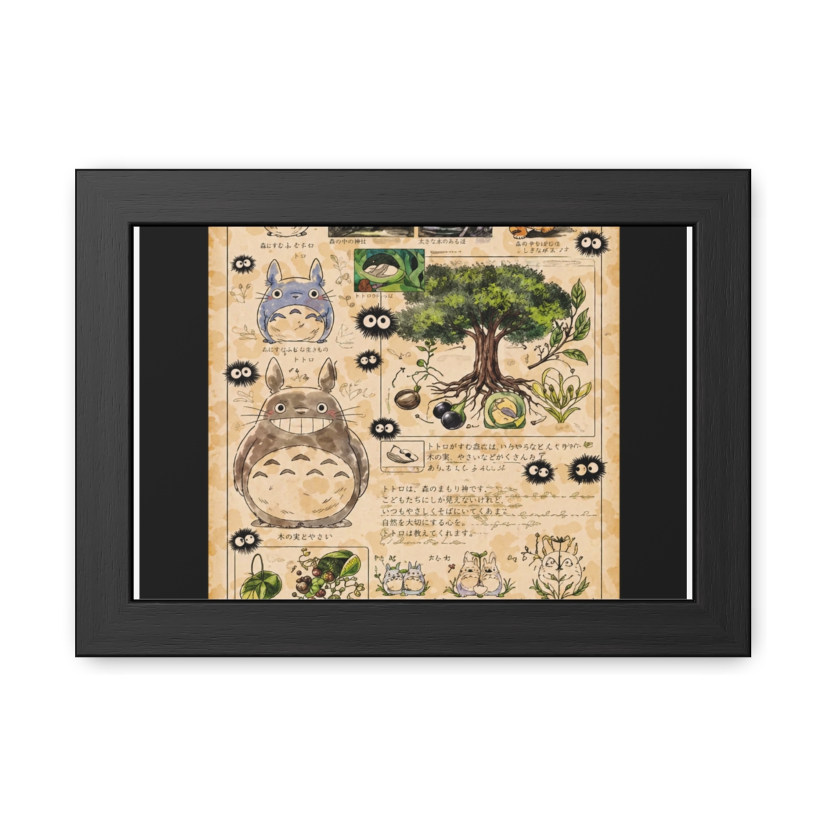 A framed poster with illustrations from "My Neighbour Totoro." The poster has a vintage style, with a beige background and detailed drawings of the forest and its characters. The text "The Kurosawa... - alternate angle 2, merchandise
