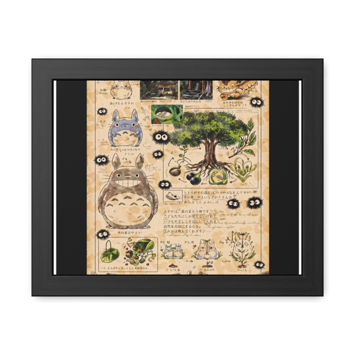 A framed poster with illustrations from "My Neighbour Totoro." The poster has a vintage style, with a beige background and detailed drawings of the forest and its characters. The text "The Kurosawa... - alternate angle 3, merchandise