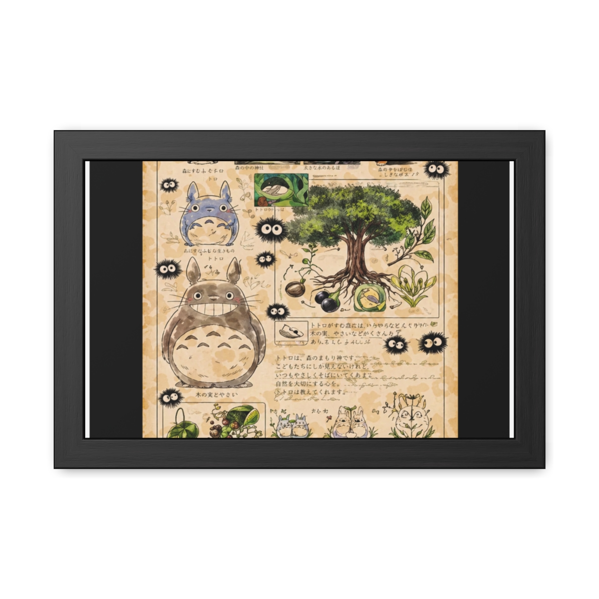 A framed poster with illustrations from "My Neighbour Totoro." The poster has a vintage style, with a beige background and detailed drawings of the forest and its characters. The text "The Kurosawa... - alternate angle 5, merchandise